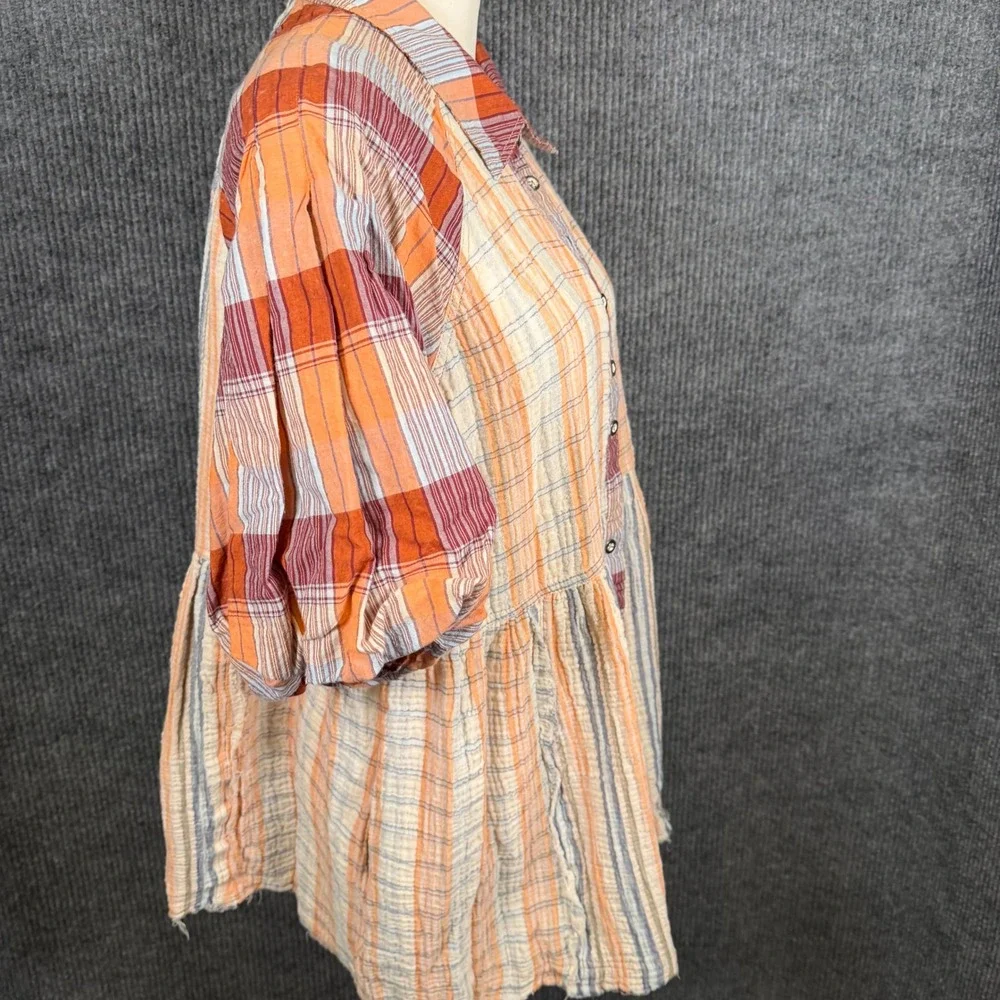 We The Free Plaid Oversized Babydoll Tunic Top S Pockets Puff Gauze Boho Western